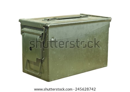 Green and old ammunition box on a white background
