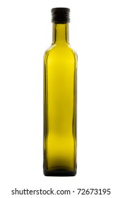 Green Olive Oil Bottle Over White Background