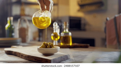 Green olive oil and olive oil concept