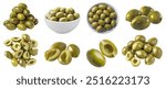 Green olive olives fruit vegetable, many angles and view side top front bowl pile slice isolated. Mockup template for artwork graphic design