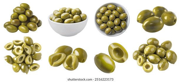 Green olive olives fruit vegetable, many angles and view side top front bowl pile slice isolated. Mockup template for artwork graphic design - Powered by Shutterstock