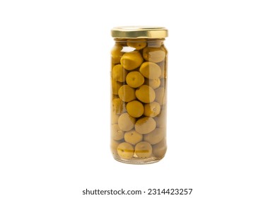 Green olives in a glass jar isolated on a white background. pitted green olives in jar. - Powered by Shutterstock