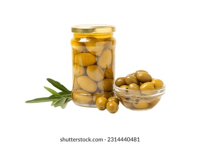 Green olives in a glass jar isolated on a white background. pitted green olives in jar. - Powered by Shutterstock