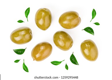 Green Olives Isolated On A White Background. Top View. Flat Lay