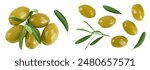 Green olives with leaves isolated on a white background with full depth of field. Top view. Flat lay