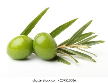 Green Olives With Leaves Isolated On White