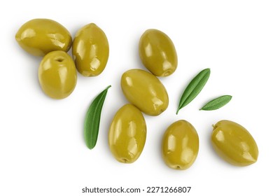 Green olives with leaves isolated on a white background with full depth of field. Top view. Flat lay - Shutterstock ID 2271266807