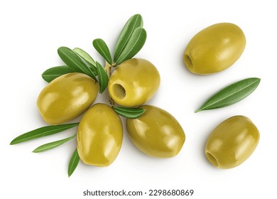 Green olives with leaves isolated on a white background with full depth of field. Top view. Flat lay - Powered by Shutterstock