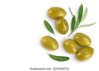 Green olives with leaves isolated on a white background with full depth of field. Top view with copy space for your text. Flat lay - Powered by Shutterstock