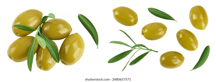 Green olives with leaves isolated on a white background with full depth of field. Top view. Flat lay