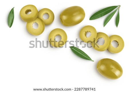 Green olives with leaves isolated on a white background with full depth of field. Top view with copy space for your tex. Flat lay