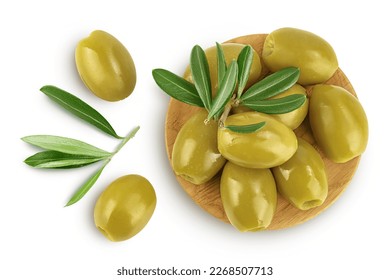 Green olives with leaves in wooden bowl isolated on a white background with full depth of field. Top view. Flat lay - Powered by Shutterstock