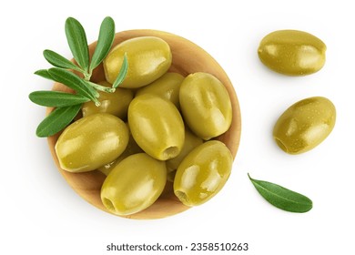 Green olives with leaves in wooden bowl isolated on a white background with full depth of field. Top view. Flat lay - Powered by Shutterstock