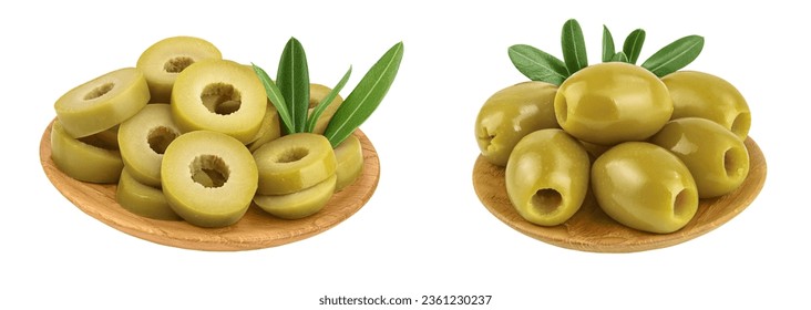 Green olives with leaves in wooden bowl isolated on a white background with full depth of field. - Powered by Shutterstock