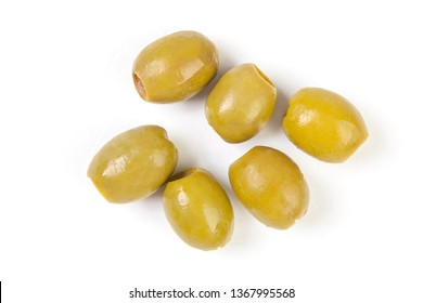 green olives on a white background. option photos for packaging. olives on a white background top view. pitted green olives on white background - Shutterstock ID 1367995568