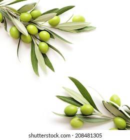 Green Olives On White Background. Copy Space