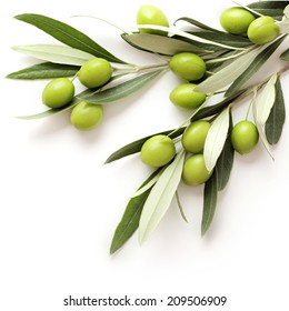 green olives on white background. copy space