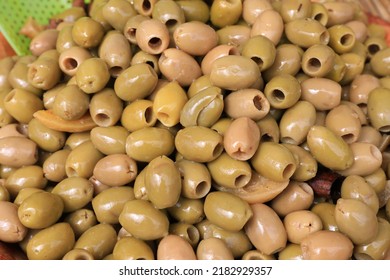 Green Olives For Sale At A Market Stall