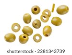 Green olives and slices flying close-up on a white background. Isolated