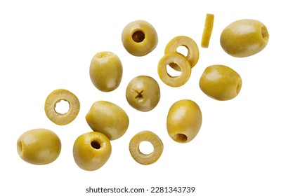 Green olives and slices flying close-up on a white background. Isolated - Shutterstock ID 2281343739