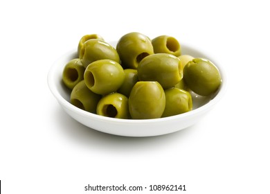 Green Olives In White Bowl On White Background