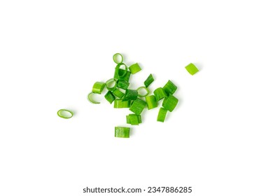 Green Onion Cuts Isolated, Scattered Fresh Chive Pile, Chopped Green Leek, Scallion Greens Pieces Chopped Chives, Spring Onion on White Background Top View