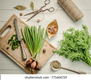 Green Onion, Dill On The Cutting Board, Topshot