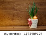 green onion in a white pot with heart pattern on the wooden background. High quality photo