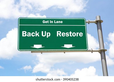 Green Overhead Road Sign With The Instruction To Get In Lane With A Back Up Or Restore Concept Against A Partly Cloudy Sky Background.