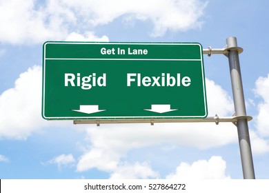 Green Overhead Road Sign With The Instruction To Get In Lane With A Rigid Or Flexible Concept Against A Partly Cloudy Sky Background.