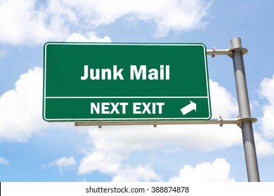 Green Overhead Road Sign With A Junk Mail Next Exit Concept Against A Partly Cloudy Sky Background.