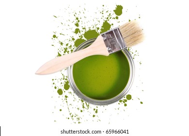 Green Paint Can With Brush And Color Stains