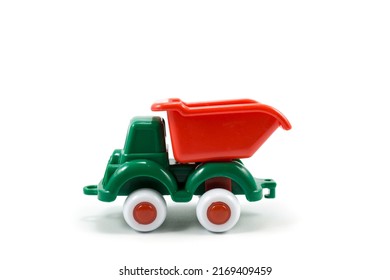 Green Paint Plastic Toy Mining Truck Isolated On White Background