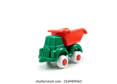 Green Paint Plastic Toy Mining Truck Isolated On White Background