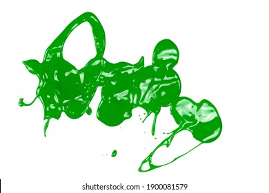 Green Paint Stains, Color Spillage Drops Isolated On White Background, Top View