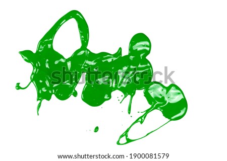 Green paint stains, color spillage drops isolated on white background, top view