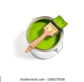 Green Paint Tin Can With Brush On Top On A White Background