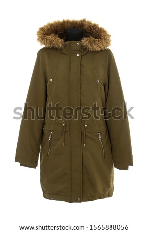green parka jacket isolated on white background. warm jacket with fur on the hood