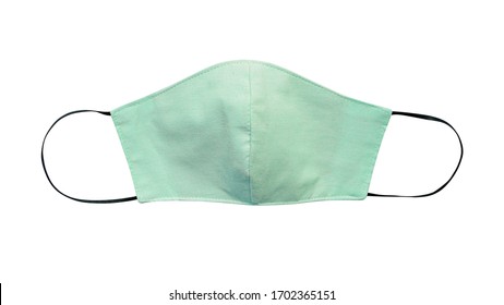 Green Pastel Cloth Face Mask Isolated On White Background With Clipping Path. Due To Lack Of Medical Protective Masks During Coronavirus (COVID-19) Pandemic, Healthy People Instead Wear Cotton Masks.