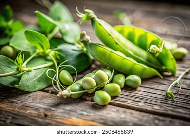 Green pea pods on a wooden table. Open pea pod. peas in a pod on a wooden table and lots of green peas.