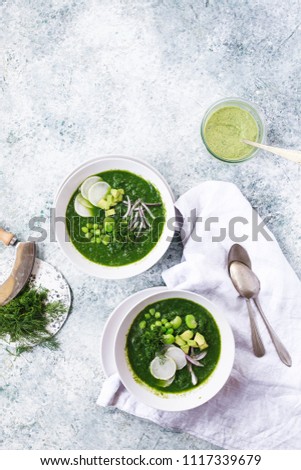 Green Pea spinach cream soup healthy watercress and courgette soup vegan food detox dieting food
