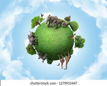 Green peace earth, miniature planet, globe concept showing a green, peaceful and animals herbivore life 