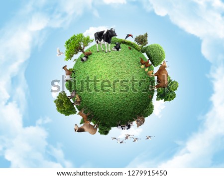 Green peace earth, miniature planet, globe concept showing a green, peaceful and animals poultry life 