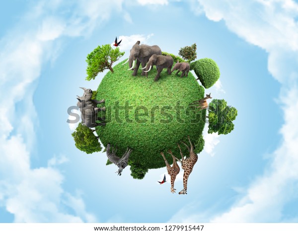 Green peace earth,\
miniature planet, globe concept showing a green, peaceful and\
animals herbivore life 