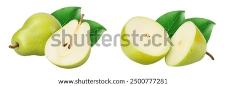 Green pear fruit with half isolated on white background with full depth of field