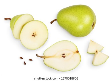 Green pear fruit with half and slices isolated on white background with clipping path. Top view. Flat lay - Shutterstock ID 1870018906