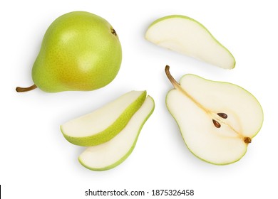 Green pear fruit with half and slices isolated on white background with clipping path. Top view. Flat lay - Shutterstock ID 1875326458