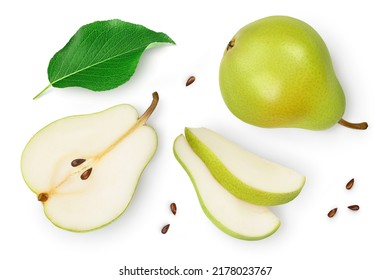 Green pear fruit with half and slices isolated on white background. Top view. Flat lay - Shutterstock ID 2178023767