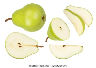 Green pear fruit with half and slices isolated on white background with clipping path. Top view. Flat lay