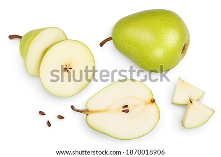 Green pear fruit with half and slices isolated on white background with clipping path. Top view. Flat lay